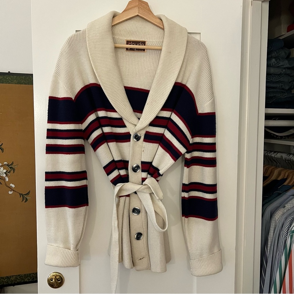 Vintage 1970s Shawl Collar Striped Belted Cowichan Wrap Sweater Cardigan